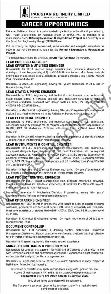 Pakistan Refinery Ltd PRL Jobs 26 June 2022 Dawn 1