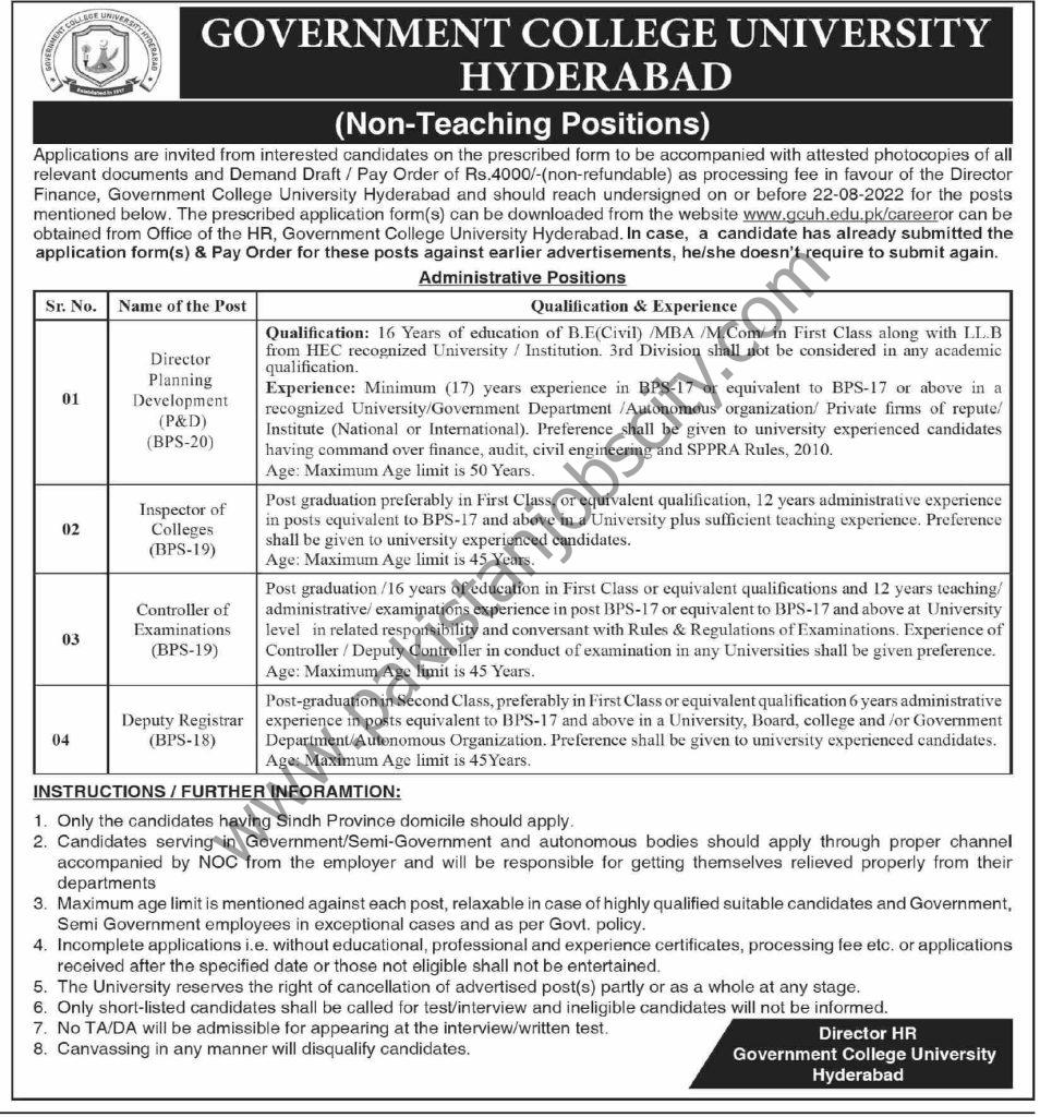 Government College University Hyderabad Jobs 19 July 2022 Dawn 1