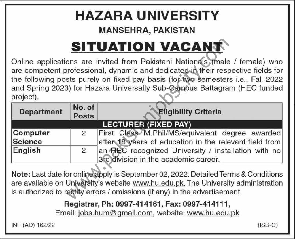 Hazara University Mansehra Jobs 26 August 2022 Dawn 1