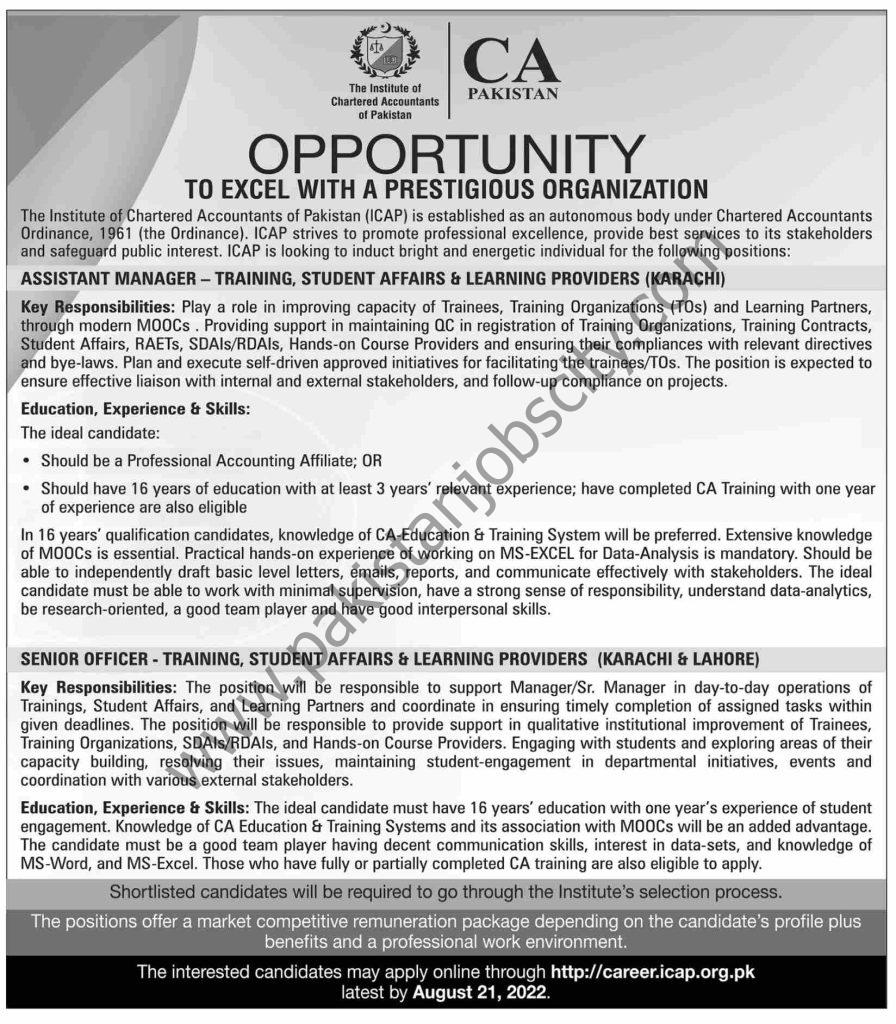 Institute of Chartered Accountants of Pakistan ICAP Jobs 07 August 2022 Dawn 1