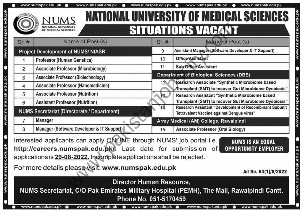 National University of Medical Sciences NUML Jobs 14 August 2022 Dawn 1