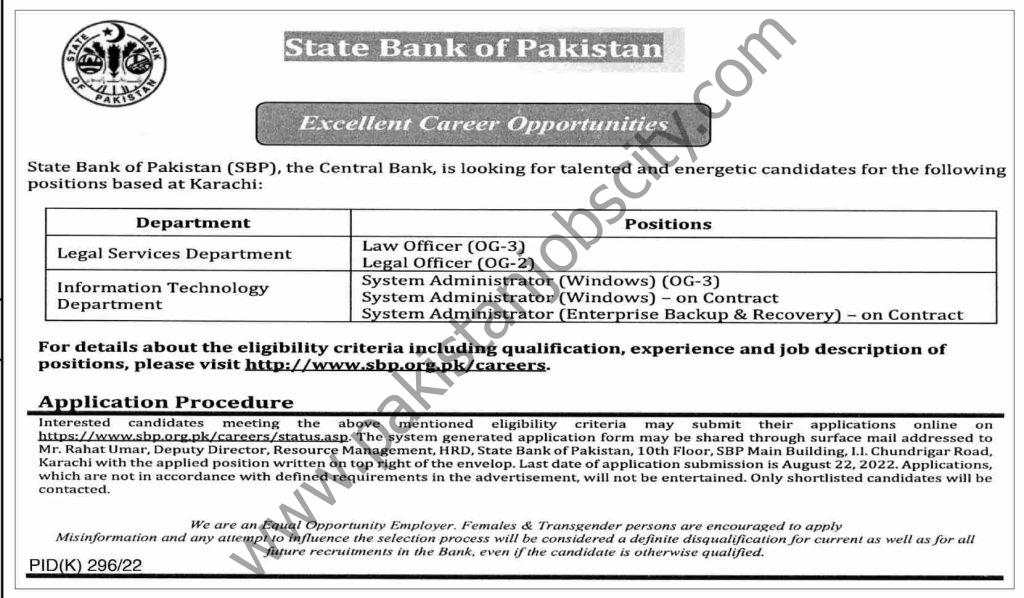 State Bank of Pakistan SBP Jobs 07 August 2022 Dawn 1