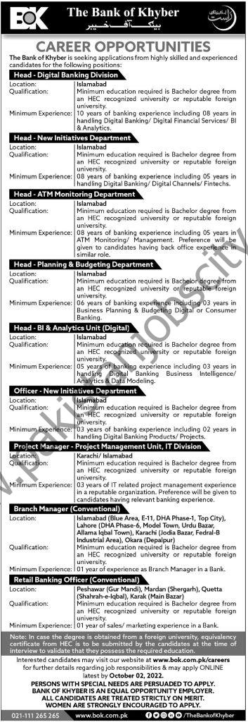Bank of Khyber BOK Jobs 18 September 2022 Express Tribune 1