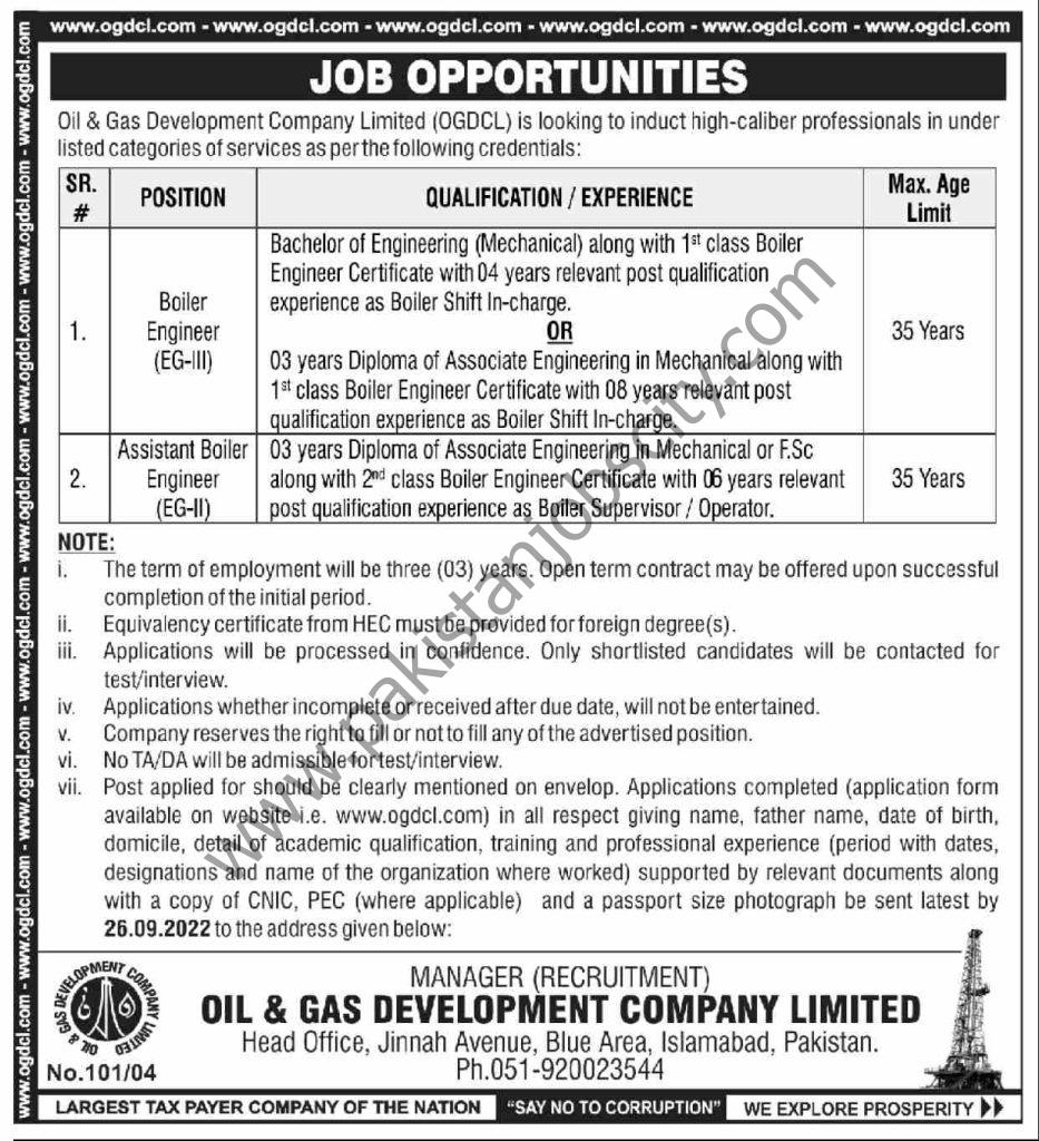 Oil & Gas Development Company Ltd OGDCL Jobs 11 September 2022 Dawn 1