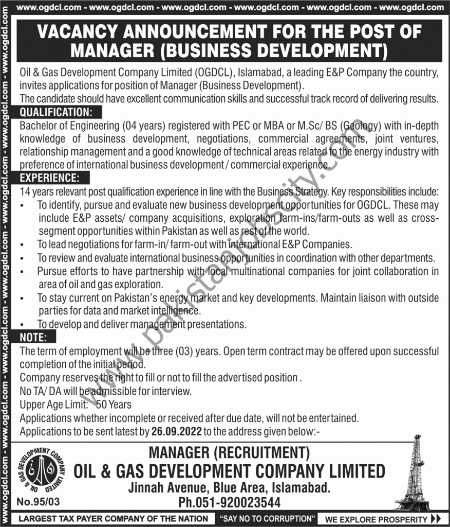 Oil & Gas Development Company Ltd OGDCL Jobs 11 September 2022 Nawaiwaqt 1
