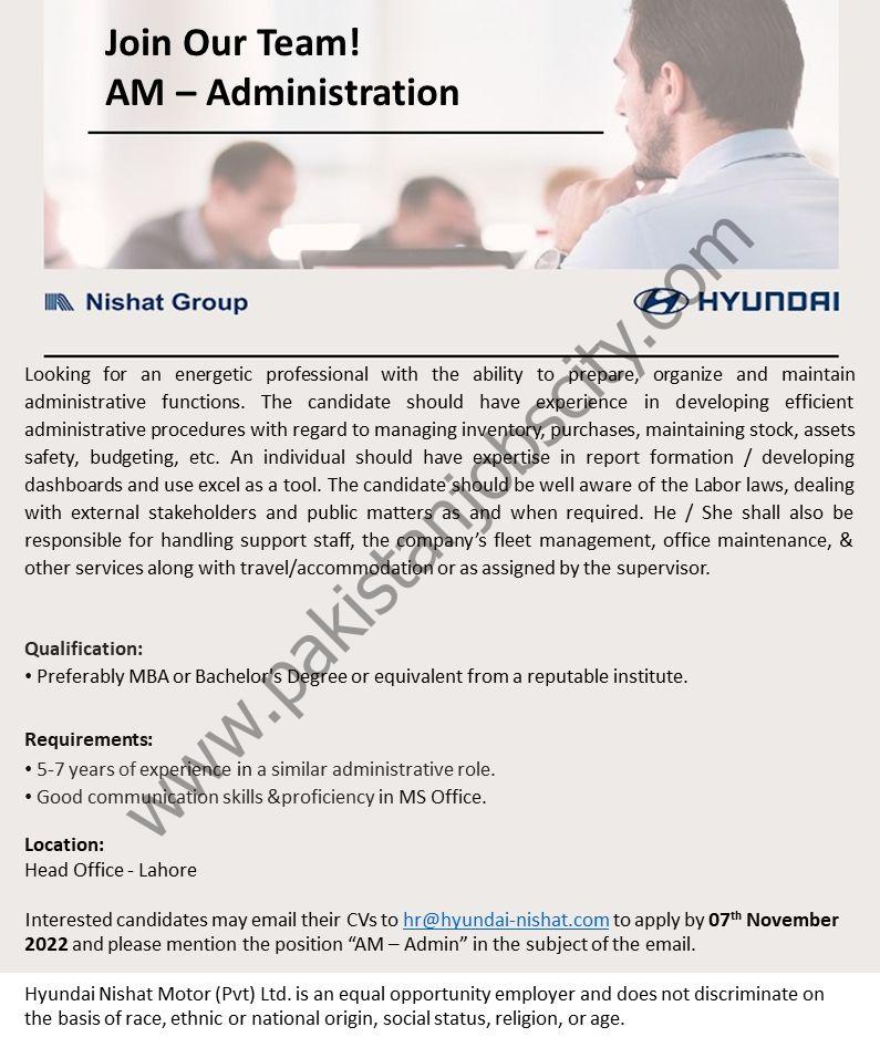 Hyundai Nishat Motor Pvt Ltd Jobs AM Administration 1