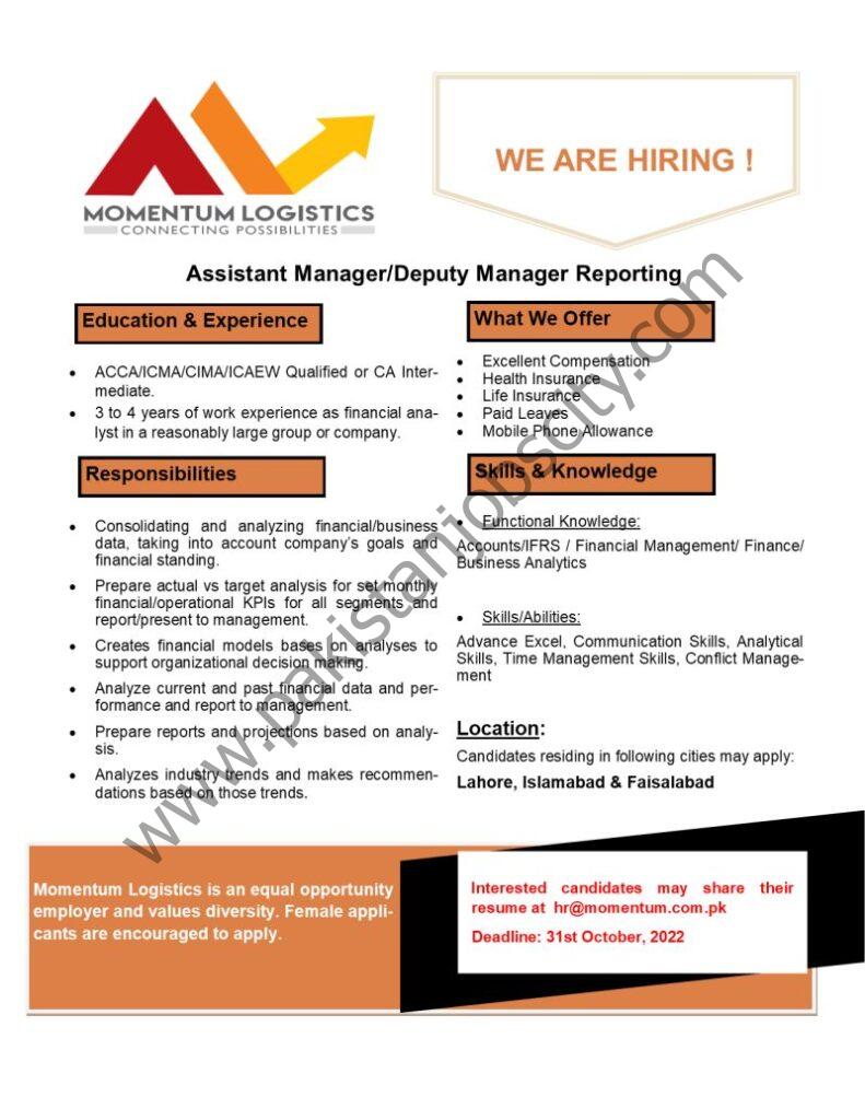 Momentum Logistics Pvt Ltd Jobs Assistant Manager / Deputy Manager Reporting 1