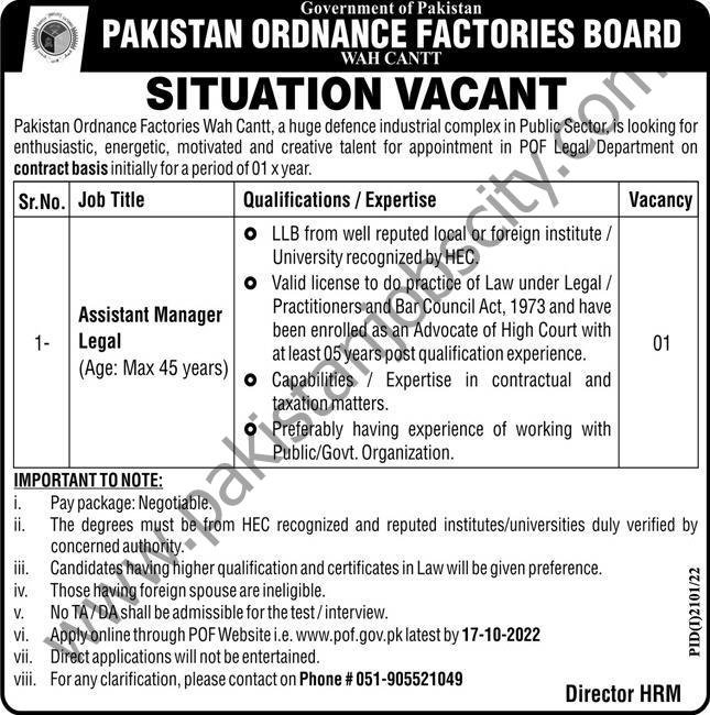 Pakistan Ordinance Factories Board Wah Cantt Jobs 02 October 2022 Express 1