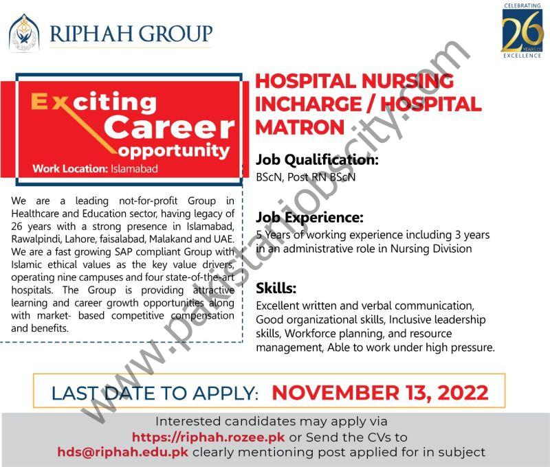 Riphah Group Jobs Hospital Nursing Incharge / Hospital Matron 1