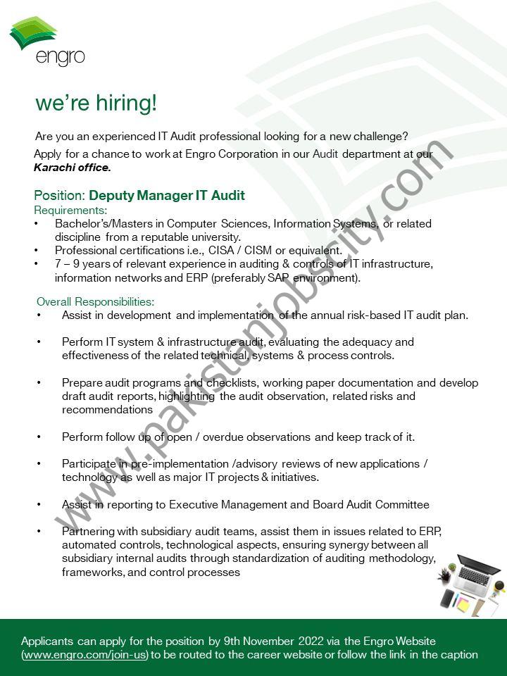 Engro Corporation Limited Jobs Deputy Manager IT Audit 1