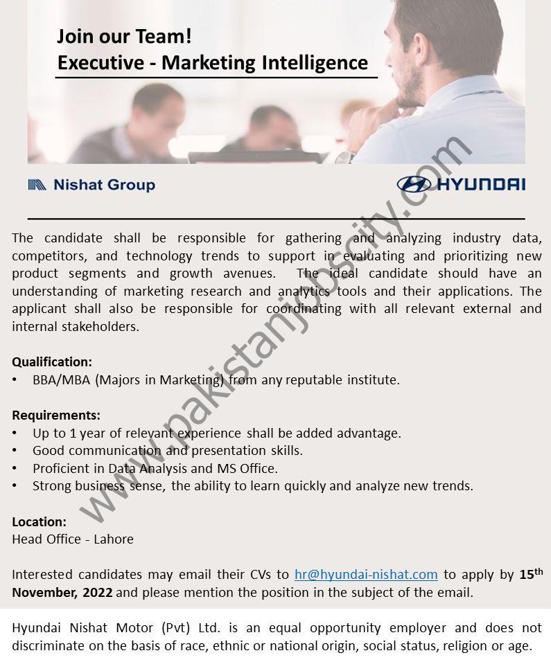 Hyundai Nishat Motor Pvt Ltd Jobs Executive Marketing Intelligence 1