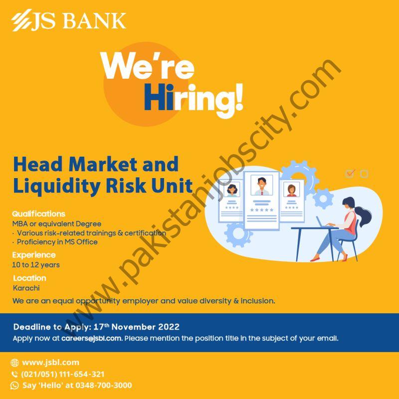 JS Bank Limited Jobs Head Market & Liquidity Risk Unit 1