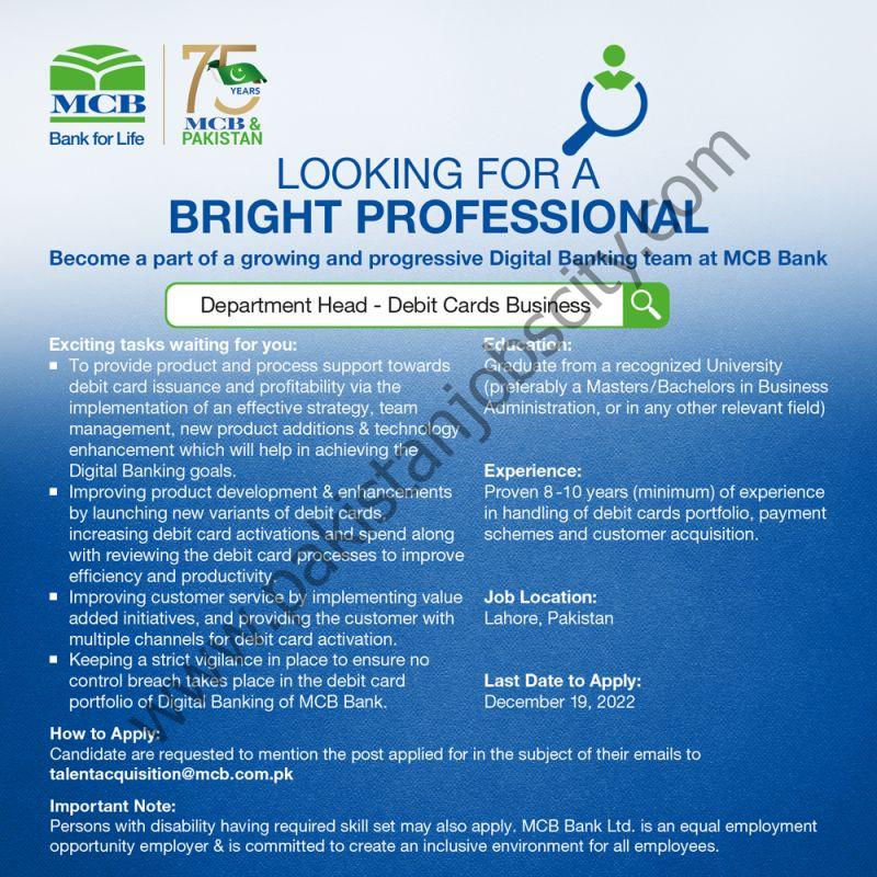 MCB Bank Limited Jobs Department Head Debit Cards Business 1