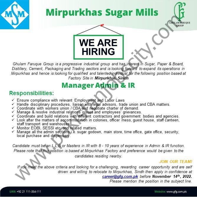 Mirpurkhas Sugar Mills Jobs Manager Admin & IR 1