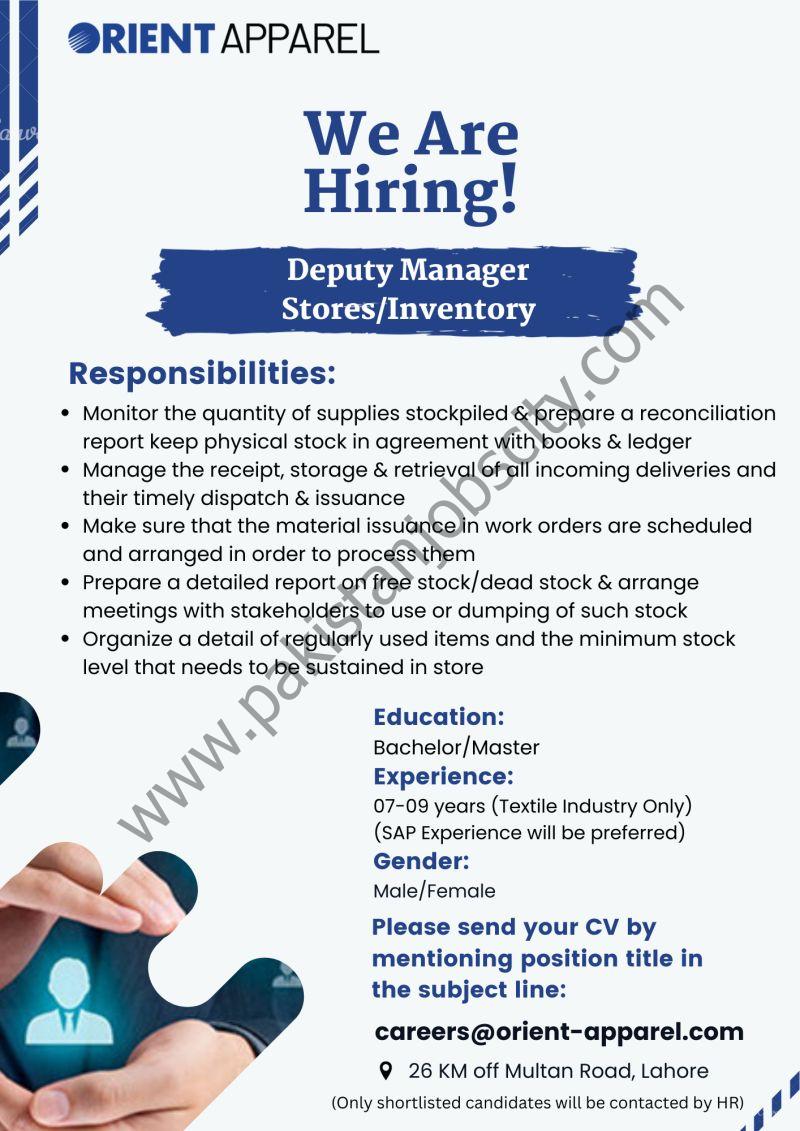 Orient Apparel Pvt Ltd Jobs Deputy Manager Stores / Inventory 1