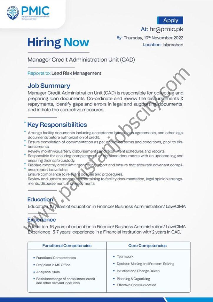 Pakistan Microfinance Investment Company  Limited PMIC Jobs Manager Credit Administration 1