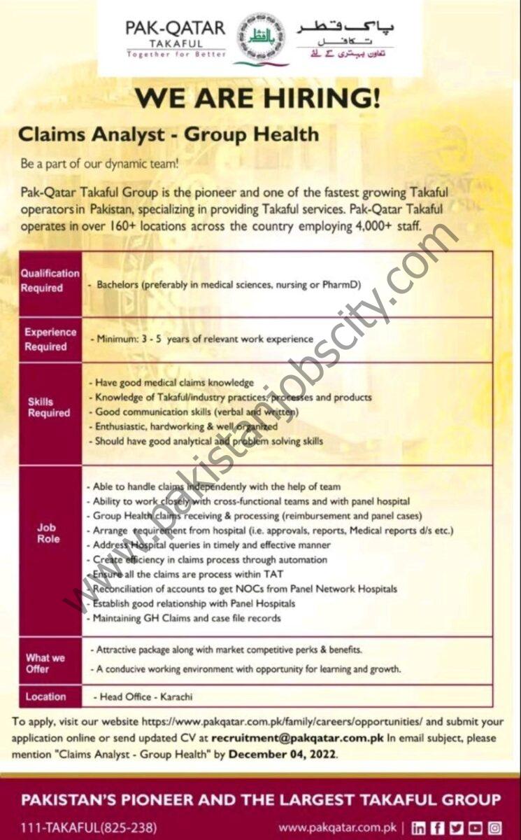 Pak Oatar Takaful Family Pvt Ltd Jobs Claims Analyst 1