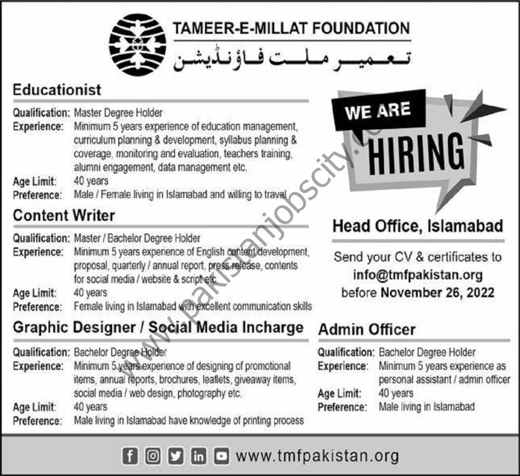 Tameer E Millat Foundation Jobs 06 November 2022 Express 1