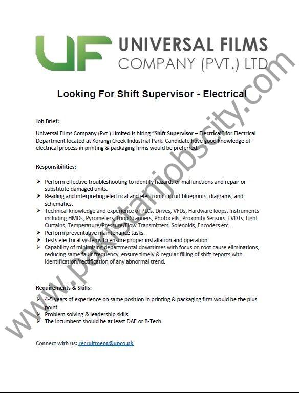 Universal Films Company Pvt Ltd Jobs Shift Supervisor Electrical 1