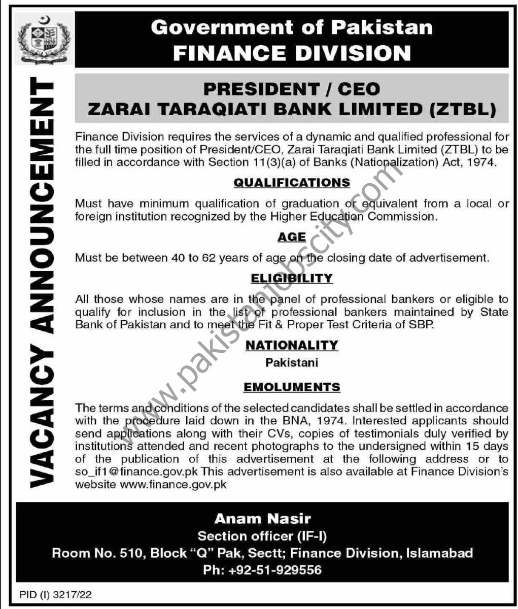 Zarai Taraqiati Bank Ltd ZTBL Jobs 27 November 2022 Express 1