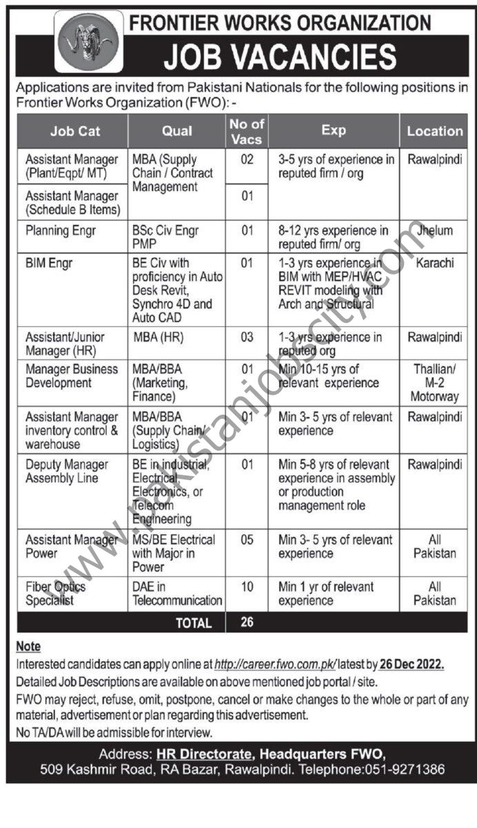 Frontier Works Organization FWO Jobs 11 December 2022 Express Tribune 01
