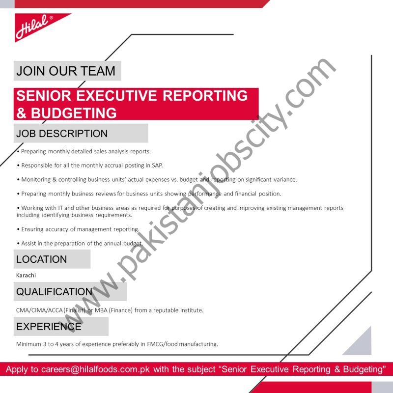 Hilal Foods Pvt Ltd Jobs Senior Executive Reporting & Budgeting 1