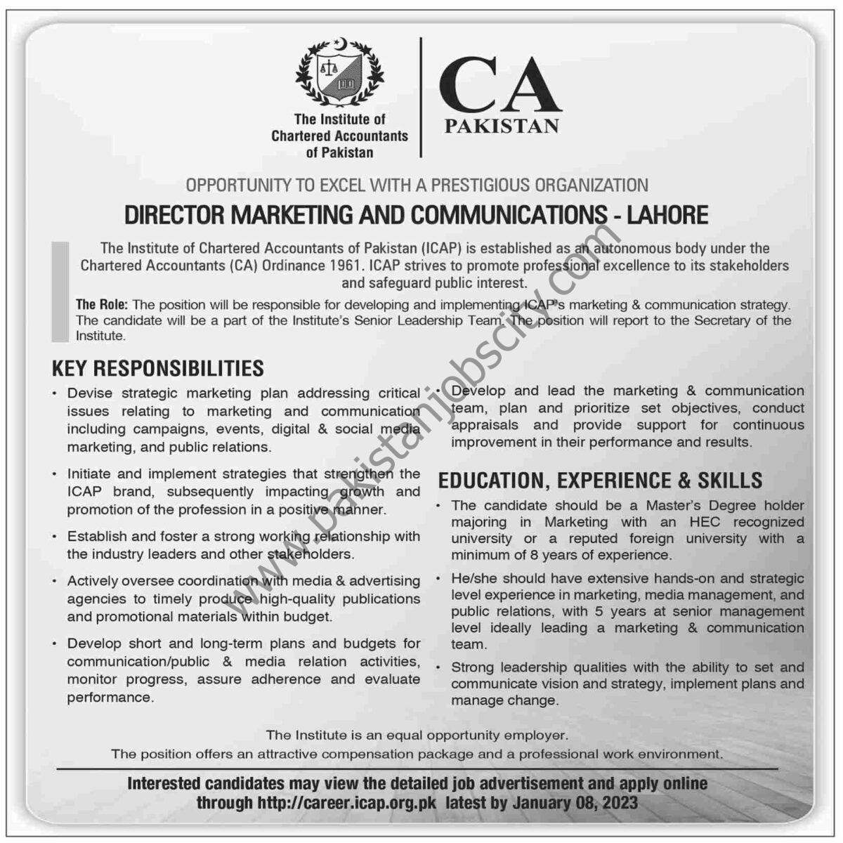 Institute of Chartered Accountants of Pakistan ICAP Jobs Director Marketing & Communications 1