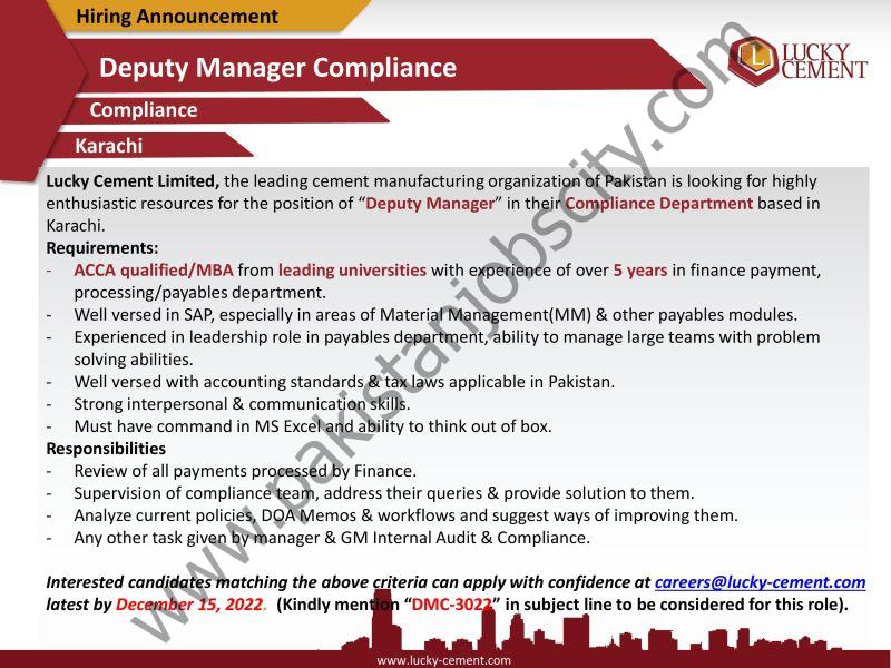 Lucky Cement Limited Jobs Deputy Manager Compliance 1