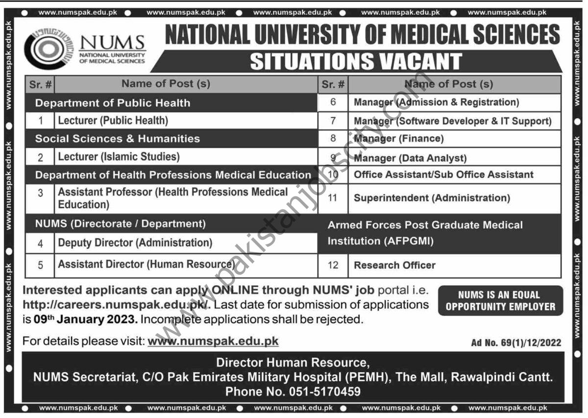 National University of Medical Sciences NUMS Jobs December 2022 1