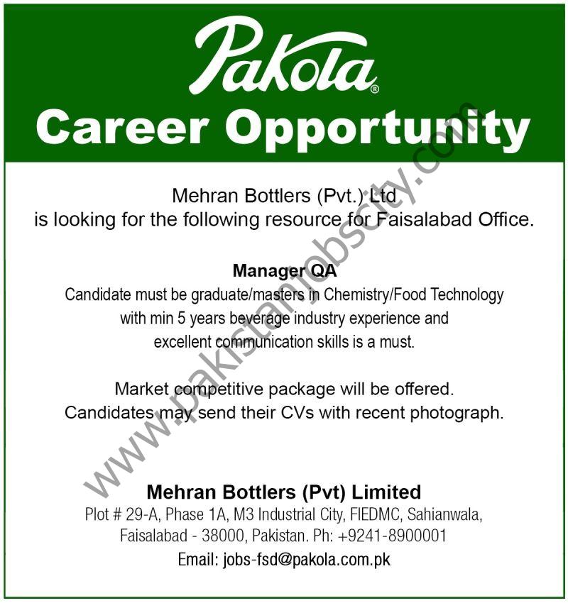 Mehran Bottlers Pvt Ltd Pakola Jobs Manager QA 1