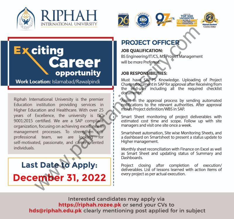 Riphah International University Jobs Project Officer 1