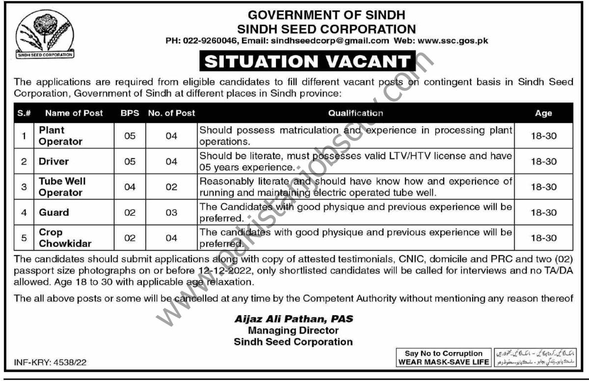 Sindh Seed Corp Govt of Sindh Jobs December 2022 1