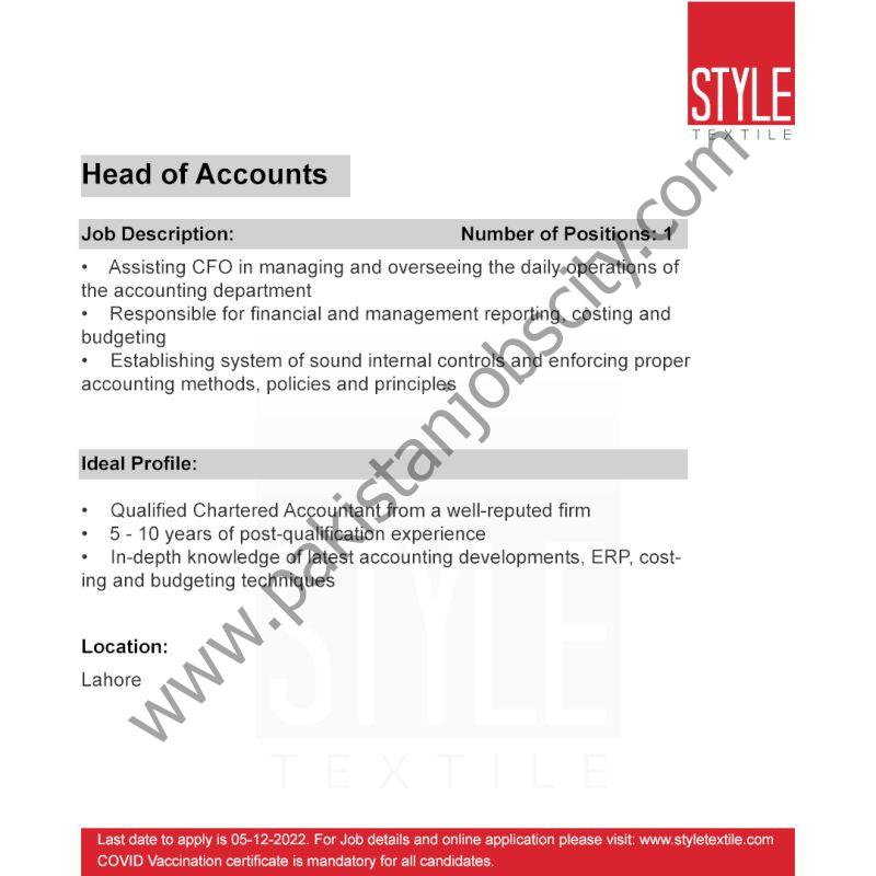 Style Textile Pvt Ltd Jobs Head Of Accounts 1