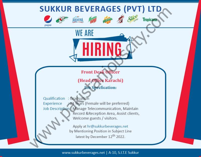 Sukkur Beverages Pvt Ltd Jobs Front Desk Officer 1