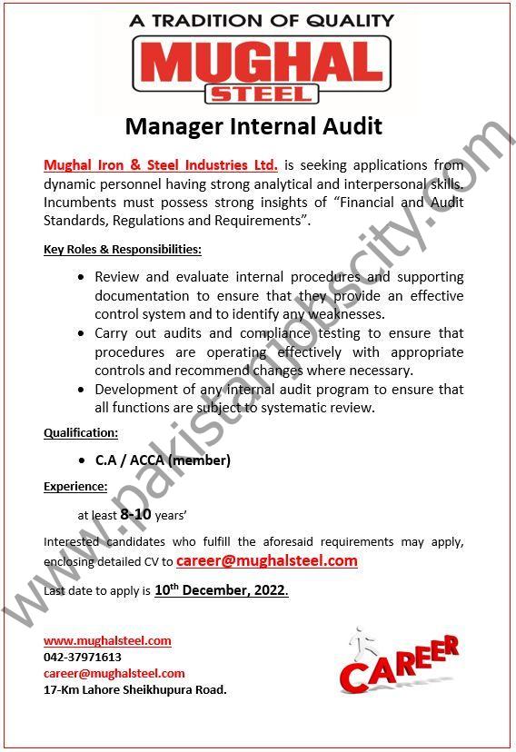 Mughal Iron & Steel Industries Limited MISIL Jobs Manager Internal Audit 1