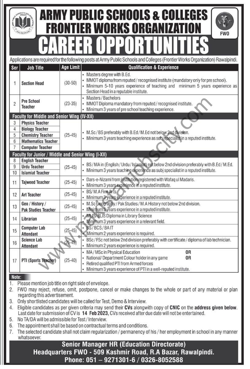 Army Public Schools & Colleges Jobs 29 January 2023 Express Tribune 1