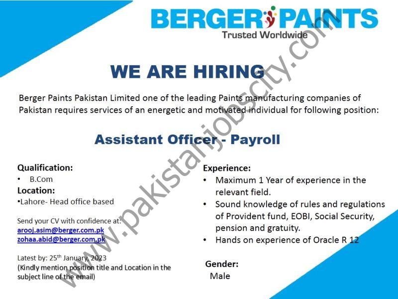 Berger Paints Pakistan Ltd Jobs Assistant Officer Payroll 1