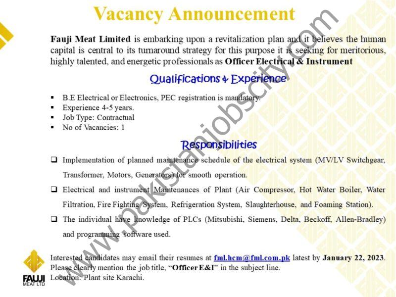 Fauji Meat Limited FML Jobs Officer Electrical & Instrument 1