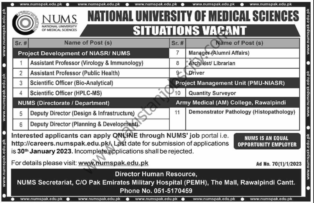 National University of Medical Sciences NUML Jobs 15 January 2023 Dawn 1