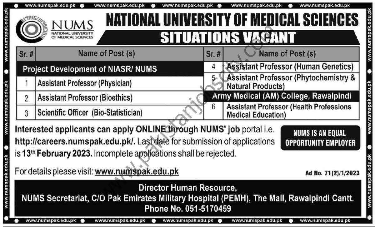 National University of Medical Sciences NUMS Jobs 29 January 2023 Dawn 1