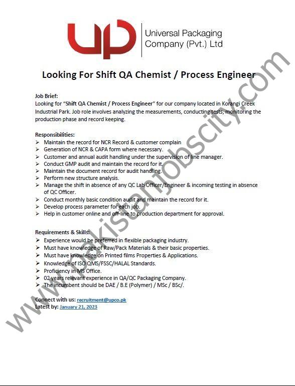 Universal Packaging Company Pvt Ltd Jobs Shift QA Chemist / Process Engineer 1