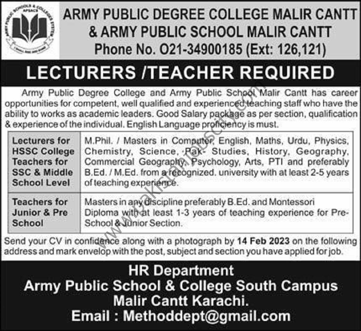 Army Public Degree College Malir Cantt Jobs 05 February 2023 Express 01