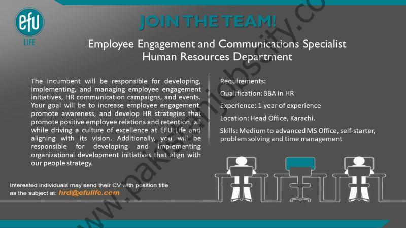 EFU Life Assurance Company Limited Jobs Employee Engagement & Communications Specialist 1