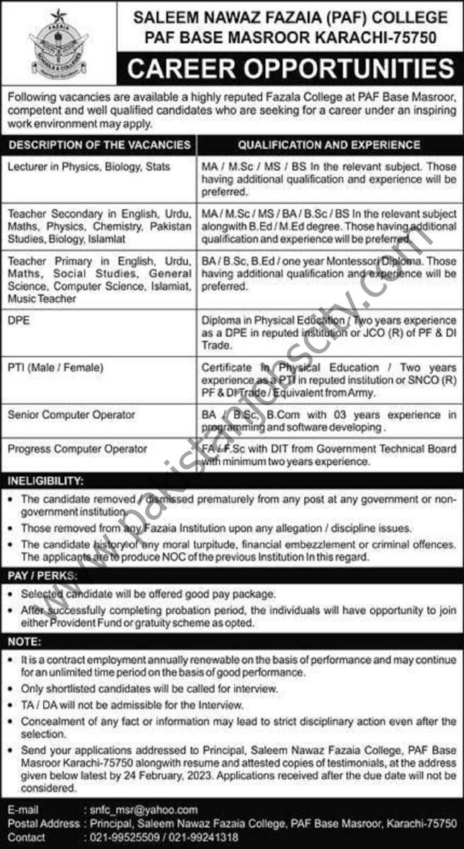 Fazaia College PAF Base Masroor Jobs 05 February 2023 Express 1