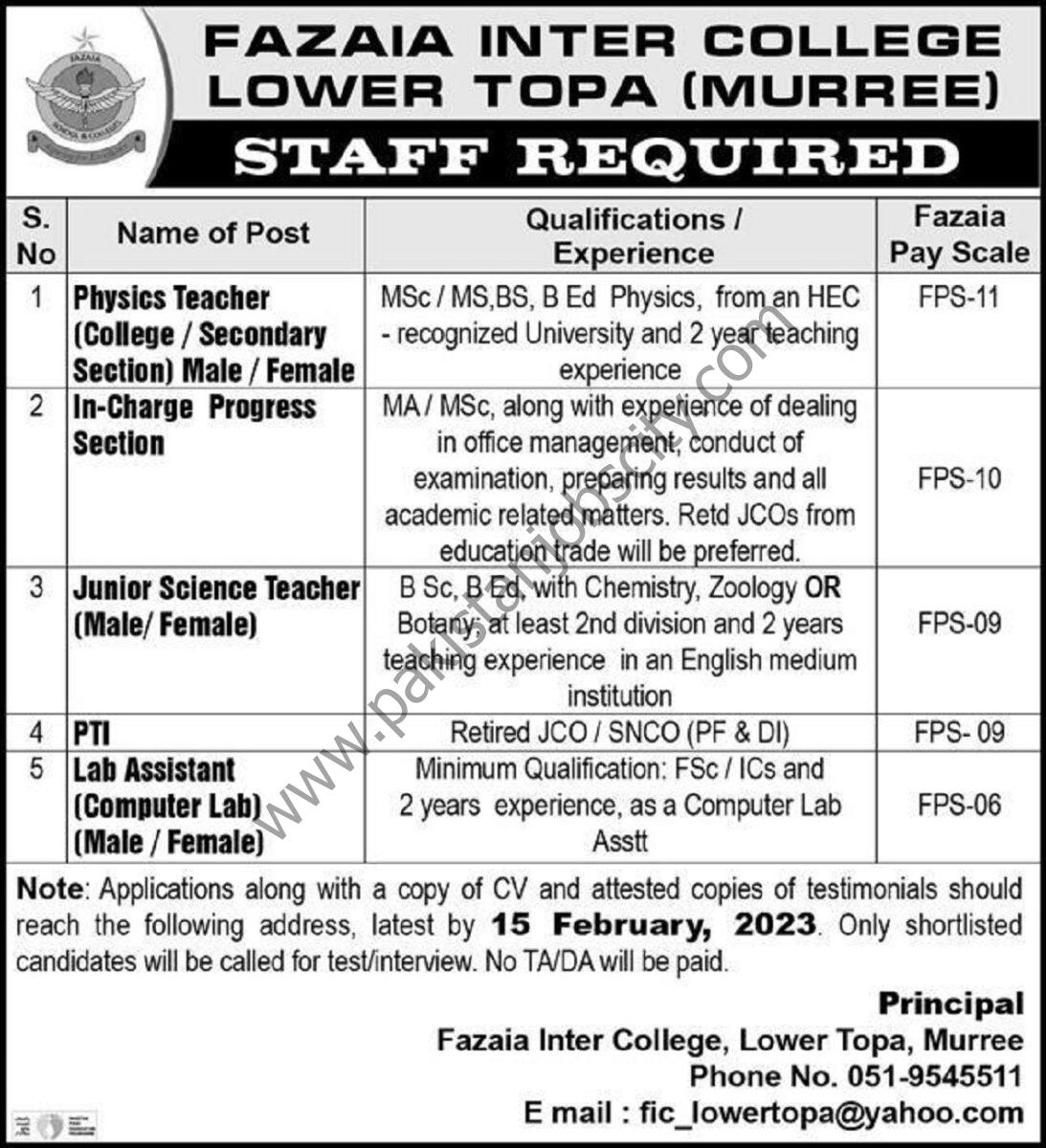 Fazaia Inter College Lower Topa Murree Jobs 05 February 2023 Express 1