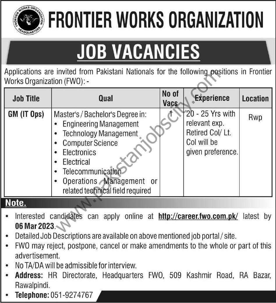 Frontier Works Organization FWO Jobs 26 February 2023 Express Tribune 01
