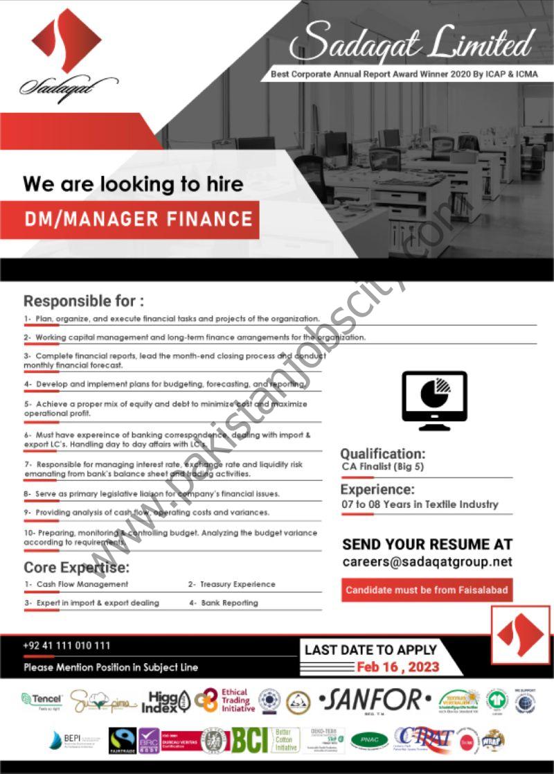 Sadaqat Limited Jobs DM / Manager Finance 1