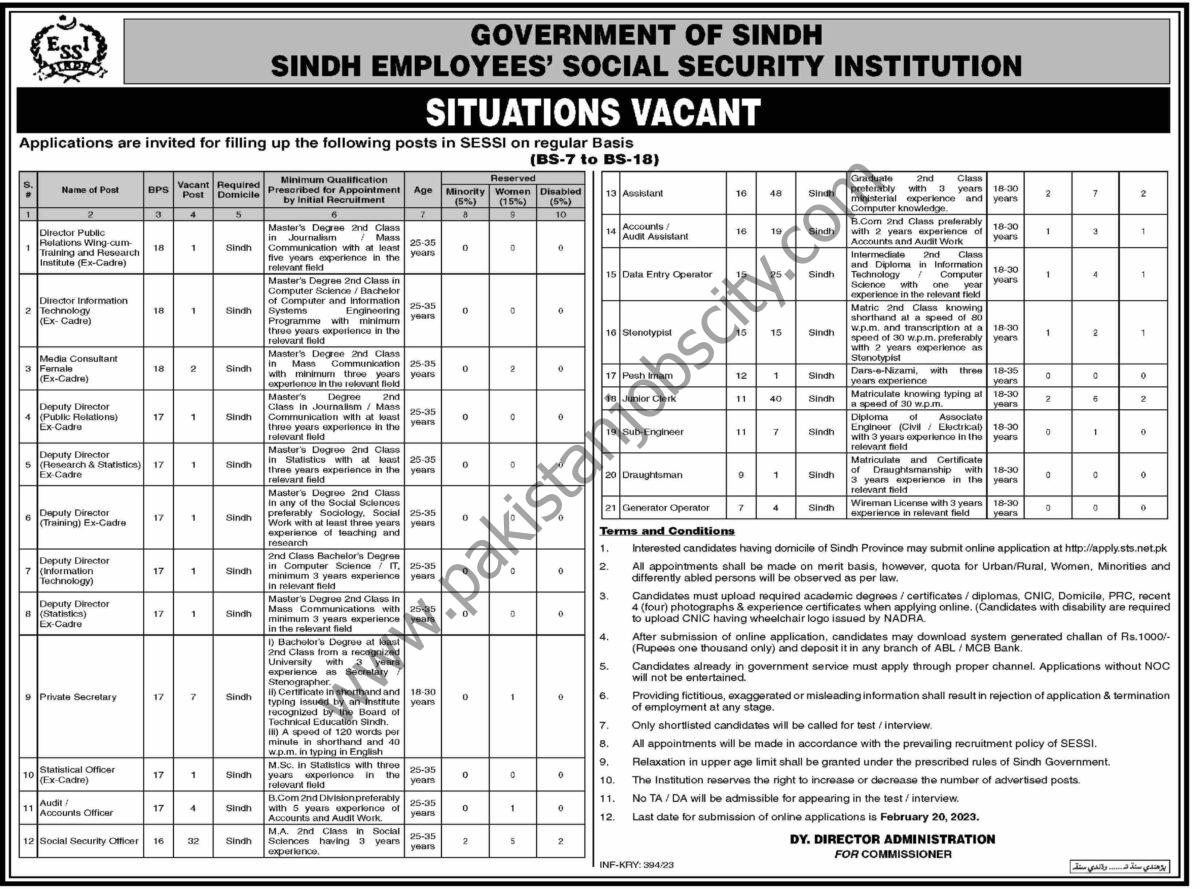 Sindh Employees Social Security Institution Jobs 05 February 2023 Dawn 1
