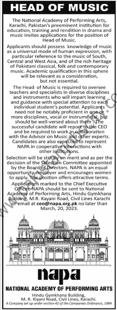 National Acadmey of Performing Arts NAPA Jobs 05 March 2023 Dawn 1