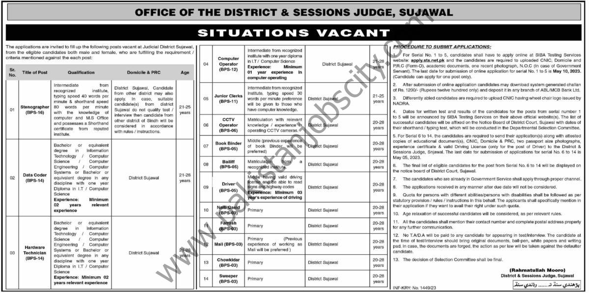 Office of the District & Sessions Judge Sujawal Jobs 16 April 2023 Dawn 1
